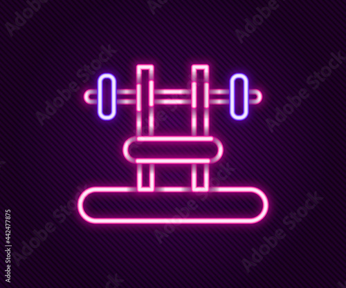 Glowing neon line Bench with barbel icon isolated on black background. Gym equipment. Bodybuilding, powerlifting, fitness concept. Colorful outline concept. Vector