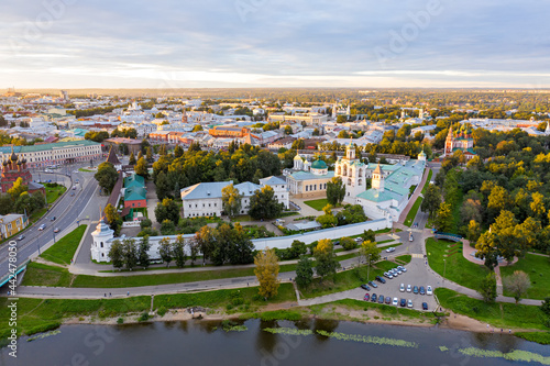 Yaroslavl, Russia. Yaroslavl Spaso-Preobrazhensky Monastery (Spaso-Yaroslavl Monastery) - an ancient men s monastery in Yaroslavl. Sunset time. Aerial view photo