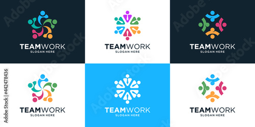 Set of teamwork logo with people group in colorful design style.