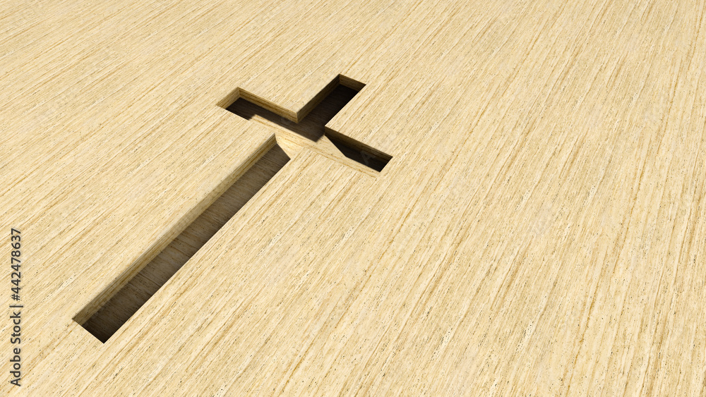 Concept or conceptual beige cross on a travertin stone background. 3d illustration metaphor for God, Christ, Christianity, religious, faith, holy, spiritual, Jesus, belief or resurection