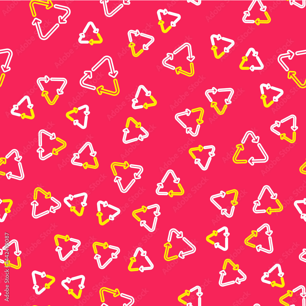 Line Recycle symbol icon isolated seamless pattern on red background. Circular arrow icon. Environment recyclable go green. Vector Line Recycle symbol icon isolated seamless pattern on red background. Circular arrow icon. Environment recyclable go green. Vector