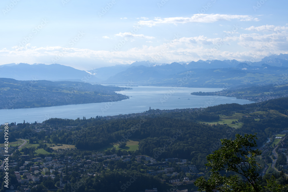 Panoramic view over lake Zurich seen from local mountain Uetliberg on a summer day morning. Photo taken June 29th, 2021, Zurich, Switzerland.
