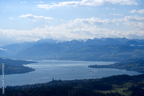 Panoramic view over lake Zurich seen from local mountain Uetliberg on a summer day morning. Photo taken June 29th  2021  Zurich  Switzerland.
