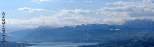 Panoramic aerial view from mountain Uetliberg to lake Zurich on a sunny summer day. Photo taken June 29th, 2021, Zurich, Switzerland.
