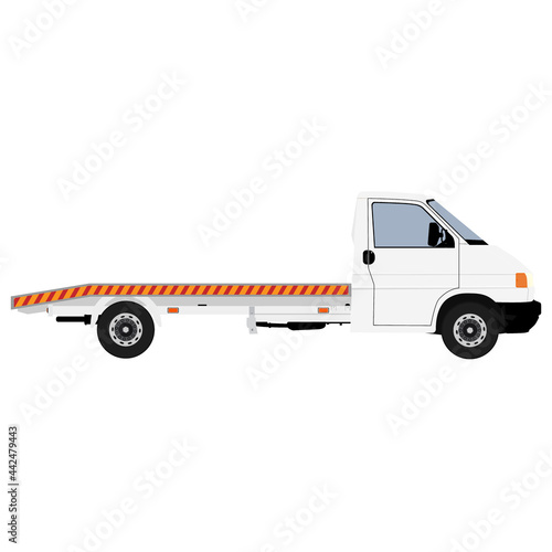 Tow truck delivers the damaged vehicle car. Vector illustration. Isolated on white background.