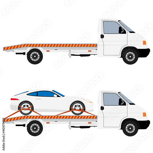 Tow truck delivers the damaged vehicle car. Vector illustration. Isolated on white background.