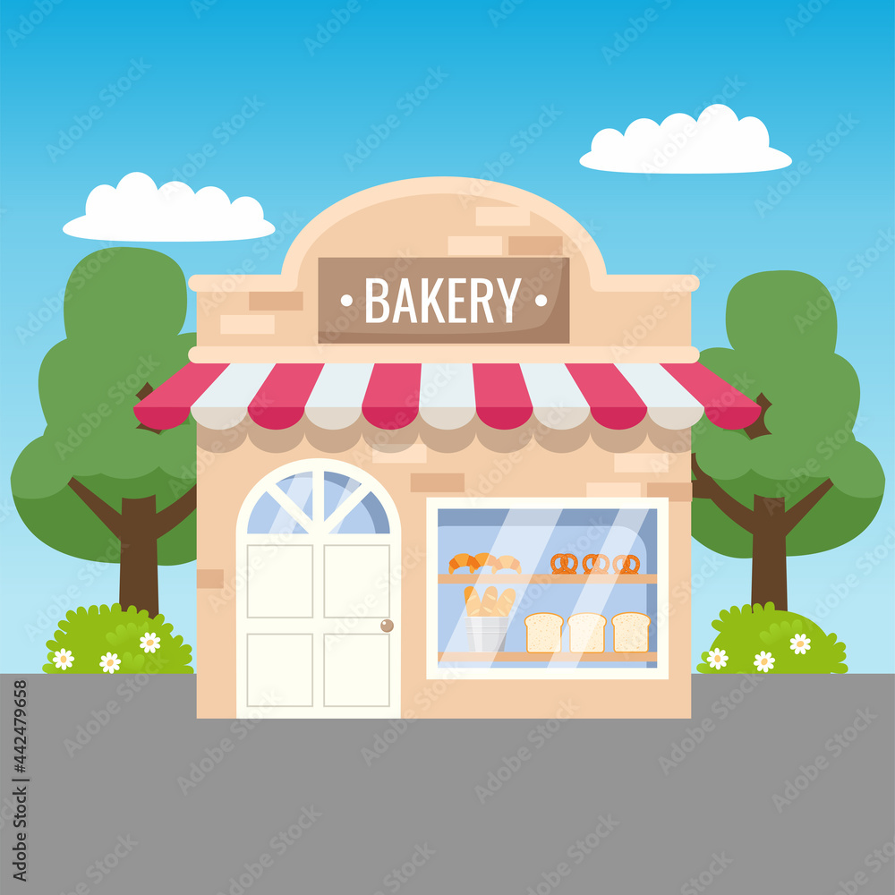 Cute bakery store front view. Flat vector cartoon design