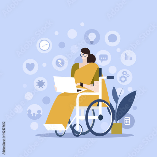Illustration of a woman of physical disability sitting on a wheel chair and working with her laptop