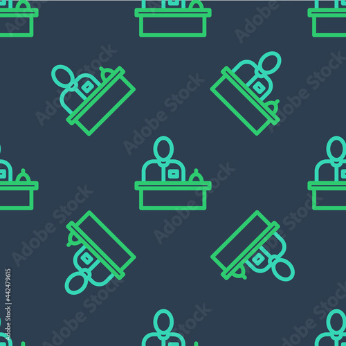 Line Receptionist standing at hotel reception desk icon isolated seamless pattern on blue background. Vector