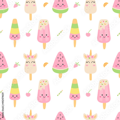 Cute ice cream seamless pattern. Funny popsicle. Kawaii cartoon style. Ideal for textile, wrapping paper or cards. Vector illustration.