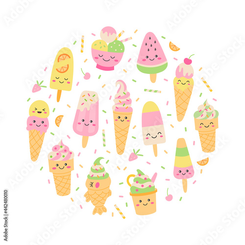 Round composition with cute ice creams isolated on white background. Template for your design. Flat design. Vector illustration concept.