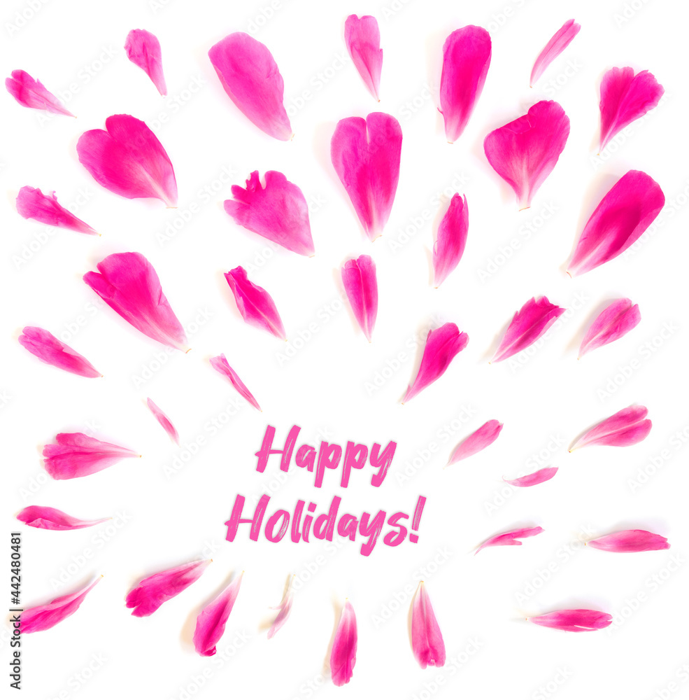 Petals of  beautiful delicate pink peony on  white isolated background. Peony flower frame. Postcard for congratulations or invitations.