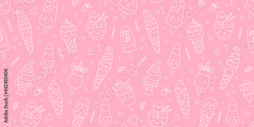 Fototapeta Naklejka Na Ścianę i Meble -  Doodle ice cream seamless pattern. Pink background. Funny smile faces. Kawaii cartoon style. Vector illustration.