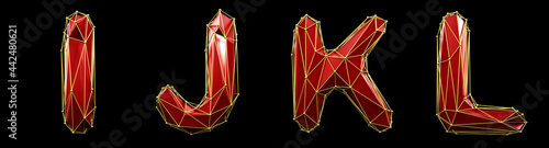 Realistic 3D set of letters I, J, K, L made of low poly style. Collection symbols of low poly style red color glass isolated on black background 3d