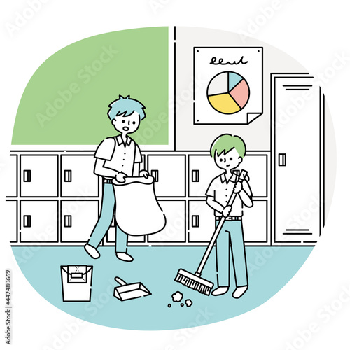 教室の掃除をする男子生徒たち