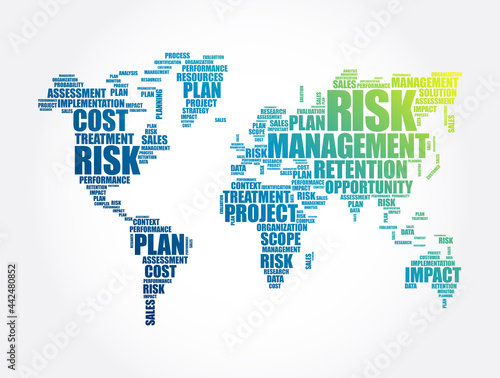 Risk Management word cloud in shape of World Map  business concept background