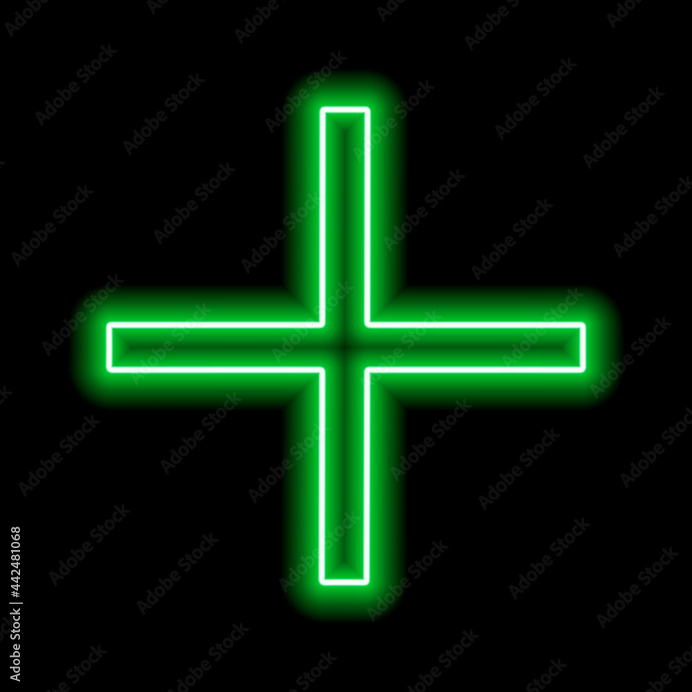 Obraz premium Green neon cross on a black background. One object. Plus sign
