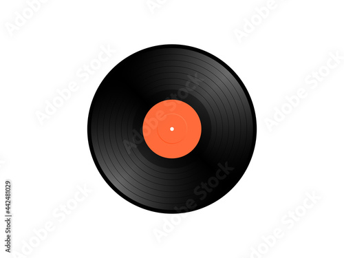 Vinyl record isolated on white background. Vinyl plate disc. Gramophone LP vinyl record with label