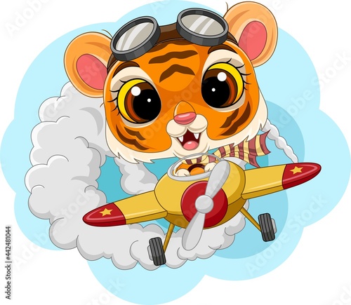 Cartoon baby tiger operating a plane