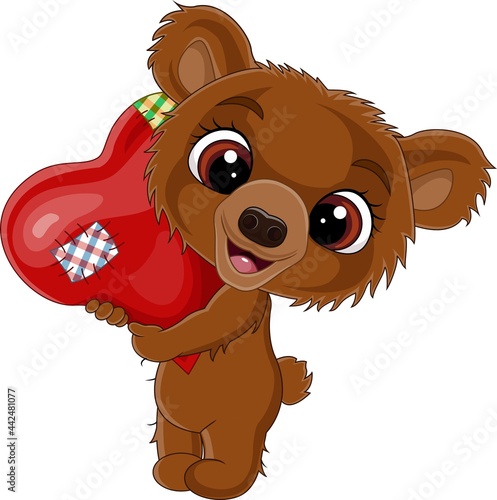 Cartoon baby bear holding red heart