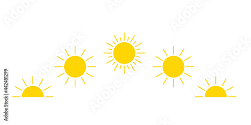 Day cycle and movement path sun icon, sunshine, sunrise or sunset. Decorative circle full and half sun and sunlight. Hot solar energy. Vector sign