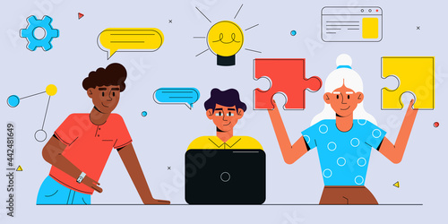 Team of young professionals working together. Flat style business people.Business concept illustration. Colorful vector illustration