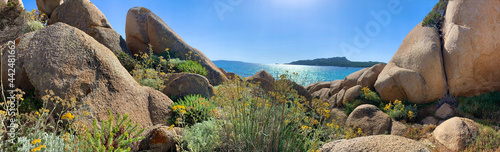 granite rocks sculpted by wind and water, flowers and lichen in front of sky and light reflections in the water surface on the north coast of 