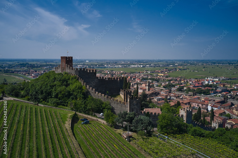 The delightful medieval town of Soave rises at the foot of the Lessinia Mountains. Soave castle aerial view, province of Verona, Italy. Aerial panorama of Italy castles.
