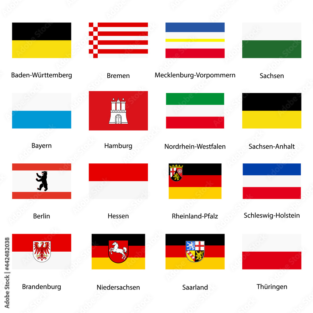 Emblems, flags of german federal lands,state isolated with names text