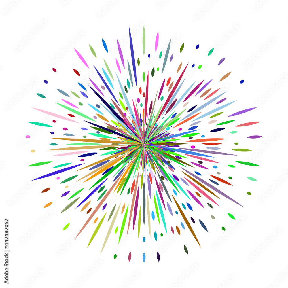 Abstract colorful fireworks of different colors on a white background.