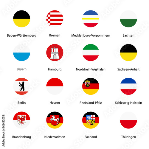 Emblems, flags of german federal lands,state isolated with names text photo