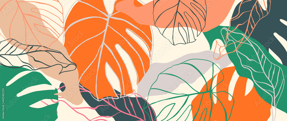 Abstract art nature background vector. Modern shape line art wallpaper.  Bright foliage botanical tropical leaves and floral pattern design for  summer sale banner , wall art, prints and fabrics. Stock Vector |