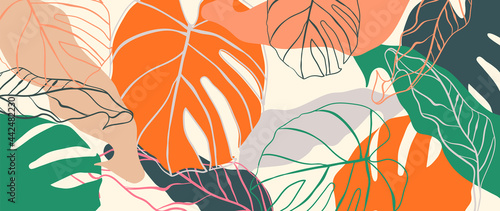 Abstract art nature background vector. Modern shape line art wallpaper. Bright foliage botanical tropical leaves and floral pattern design for summer sale banner , wall art, prints and fabrics.