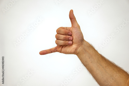 hang loose. Gesturing thumb and little finger. Hand of a Caucasian man on a white background. Place for text