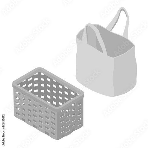 Wicker basket and tote bag isometric view