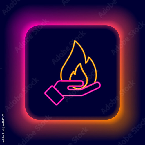 Glowing neon line Hand holding a fire icon isolated on black background. Insurance concept. Security, safety, protection, protect concept. Colorful outline concept. Vector