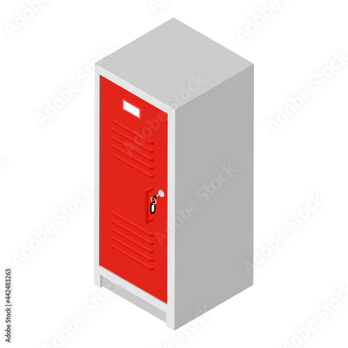 Red metal locker door with key isolated on white background.
