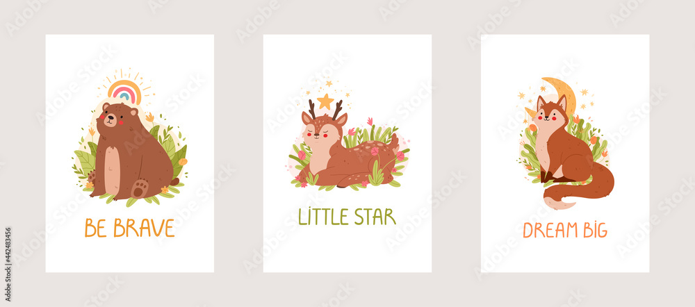 Set of cute cards with a little bear, deer and fox. Cute animal characters poster templates for children nursery room decor. Vector illustration.
