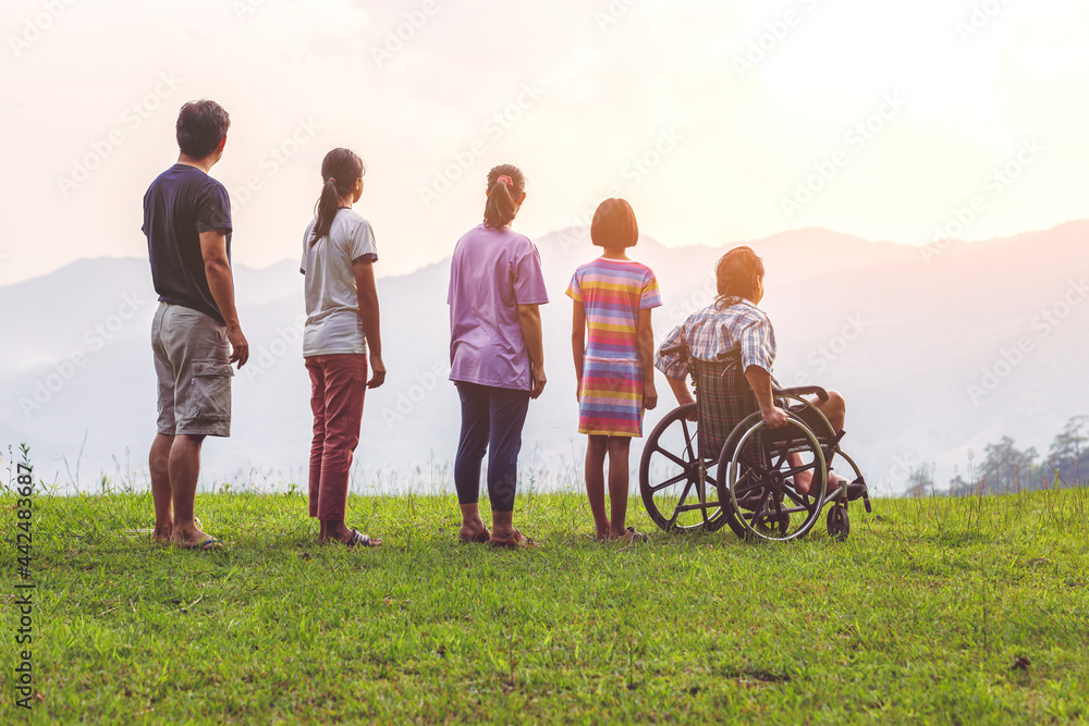 Group of Happy family standing on mountain park with disabled man. Rear view Group of Happy family standing on mountain park with disabled man. Rear view