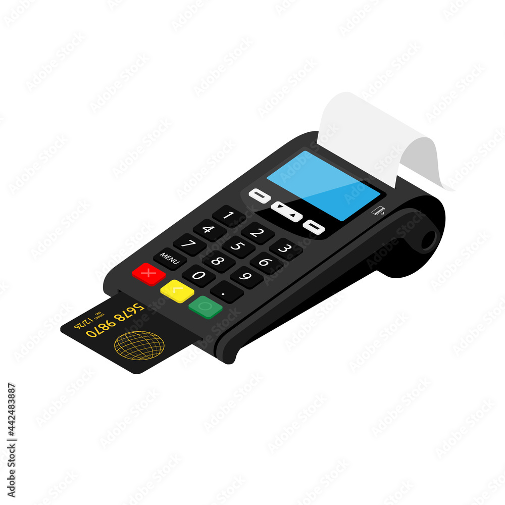 New smart POS terminal payment machine with bank credit card isolated on white background. New smart POS terminal payment machine with bank credit card isolated on white background.
