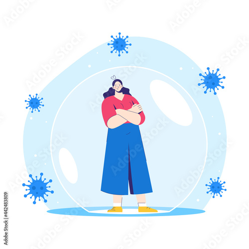 Man and woman stands inside a protective bubble. Adult characters are vaccinated and protected from coronavirus COVID-2019. Vector isolated illustration on white background