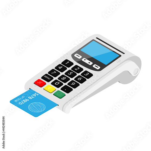 POS Terminal payment machine isolated on white background. Bank Payment Terminal. Processing NFC payments device. Isometric view