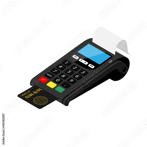 New smart POS terminal payment machine with bank credit card isolated on white background.
