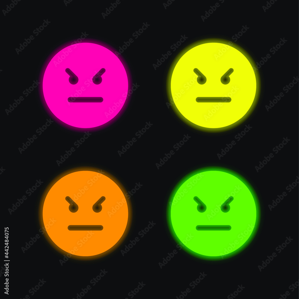 Fototapeta premium Angry Emoticon Square Face four color glowing neon vector icon