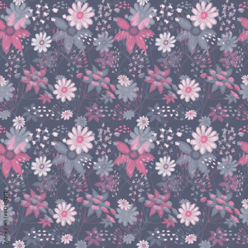 Seamless floral pattern, drawing with pastels, twigs, flowers and berries.