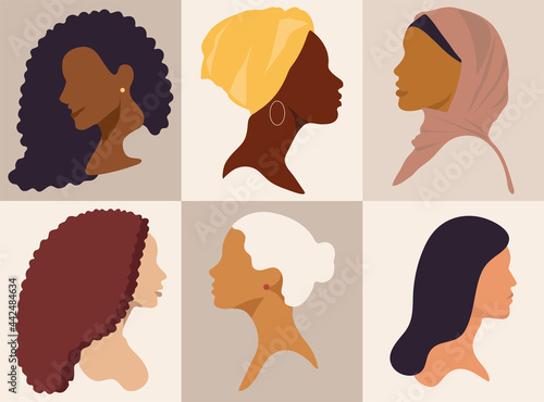 Female diverse faces of different ethnicity pattern. Set of 6 faces. Women empowerment movement pattern. International women's day graphic in vector.