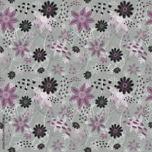 Seamless floral pattern, drawing with pastels, twigs, flowers and berries.