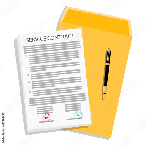 Service contract document, file folder and fountain pen