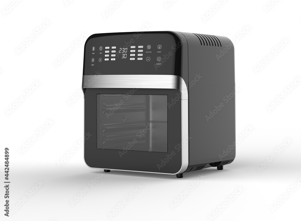 high technology electronic machines product black and white modern multifunctional air fryer in white background for house kitchen use high technology electronic machines product black and white modern multifunctional air fryer in white background for house kitchen use
