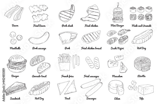 Burgers are fast street food. Vector drawing of food. Unhealthy food. Fries, donuts, cocoa, pastries, sweets, sausages, hot dog, bacon, Cheese, sushi, avocado toast